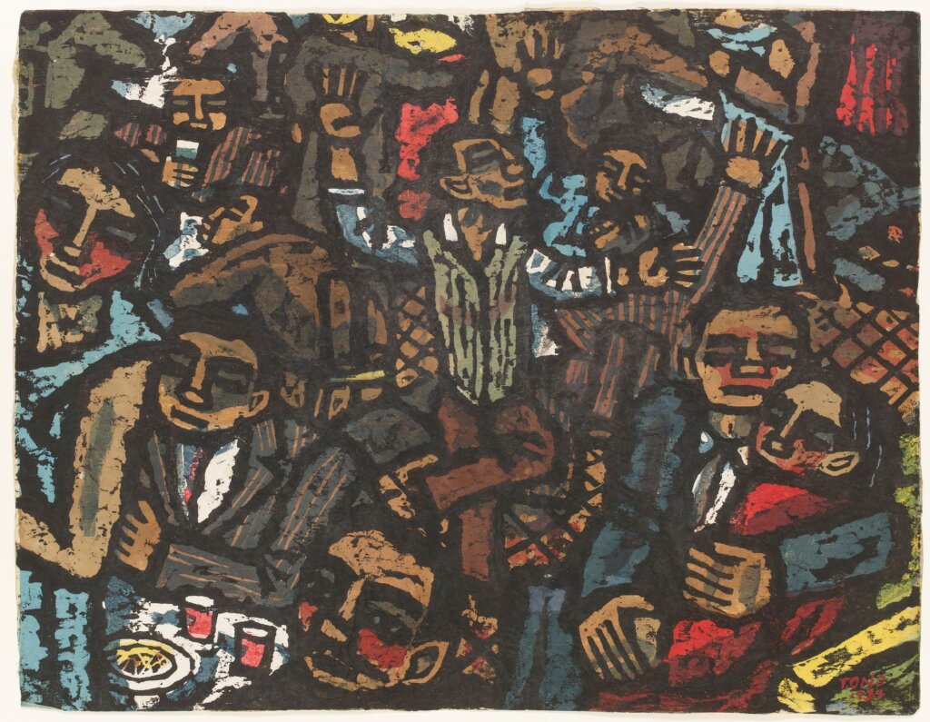 小野忠重《ジャズを廻る人々》1934、木版、町田市立国際版画美術館蔵