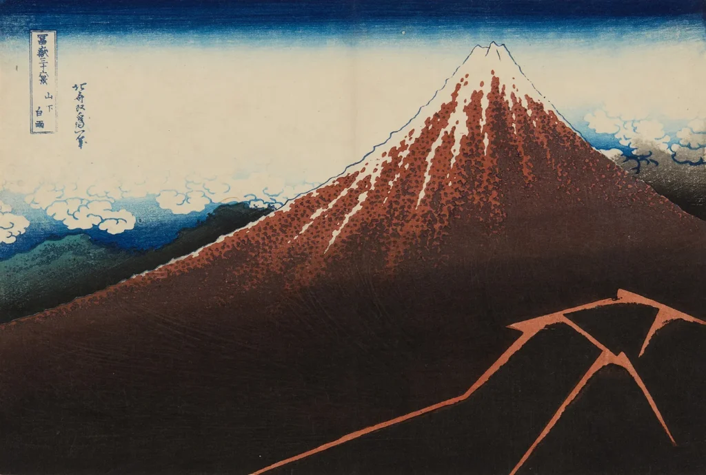 「冨嶽三⼗六景」より「⼭下⽩⾬」|葛飾北斎