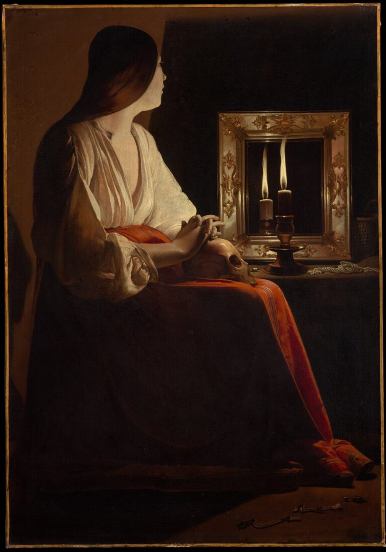 ジョルジュ・ド・ラ・トゥール《悔悛するマグダラのマリア》（1640年頃）、メトロポリタン美術館。暗い部屋で、白いブラウスと赤いスカートの女性が膝の上の頭蓋骨に手を重ね、右の鏡に映るろうそくの炎を見つめている油彩画。