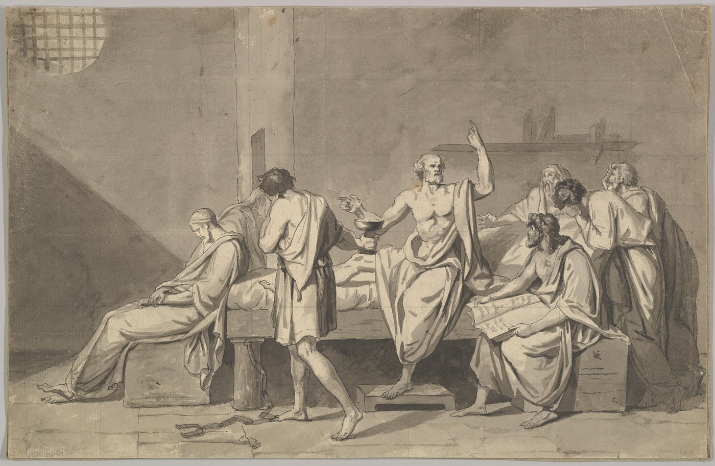 ジャック＝ルイ・ダヴィッド《ソクラテスの死》（1782年頃）、メトロポリタン美術館。油彩画と同じ主題を、ペンと灰色の淡彩で描いた素描。寝台に座るソクラテスを中心に弟子たちが並ぶ。
