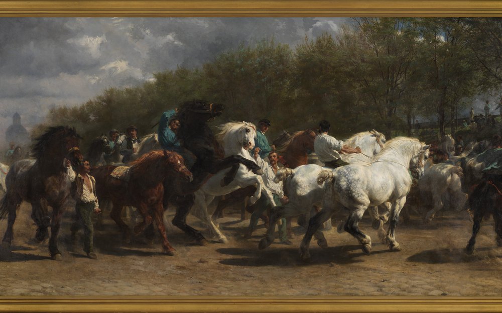 ローザ・ボヌール《馬市》（1852–55年）、メトロポリタン美術館。並木道の馬市で、白や黒、栗毛の馬の群れが土ぼこりを上げて進む横長の油彩画。