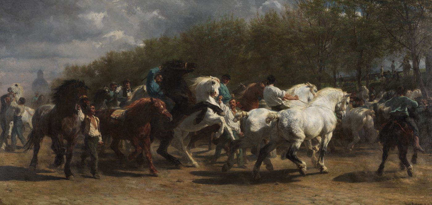 ローザ・ボヌール《馬市》（1852–55年）、メトロポリタン美術館。並木道の馬市で、白や黒、栗毛の馬の群れが土ぼこりを上げて進み、男たちが手綱を引いて押さえようとしている横長の大きな油彩画。
