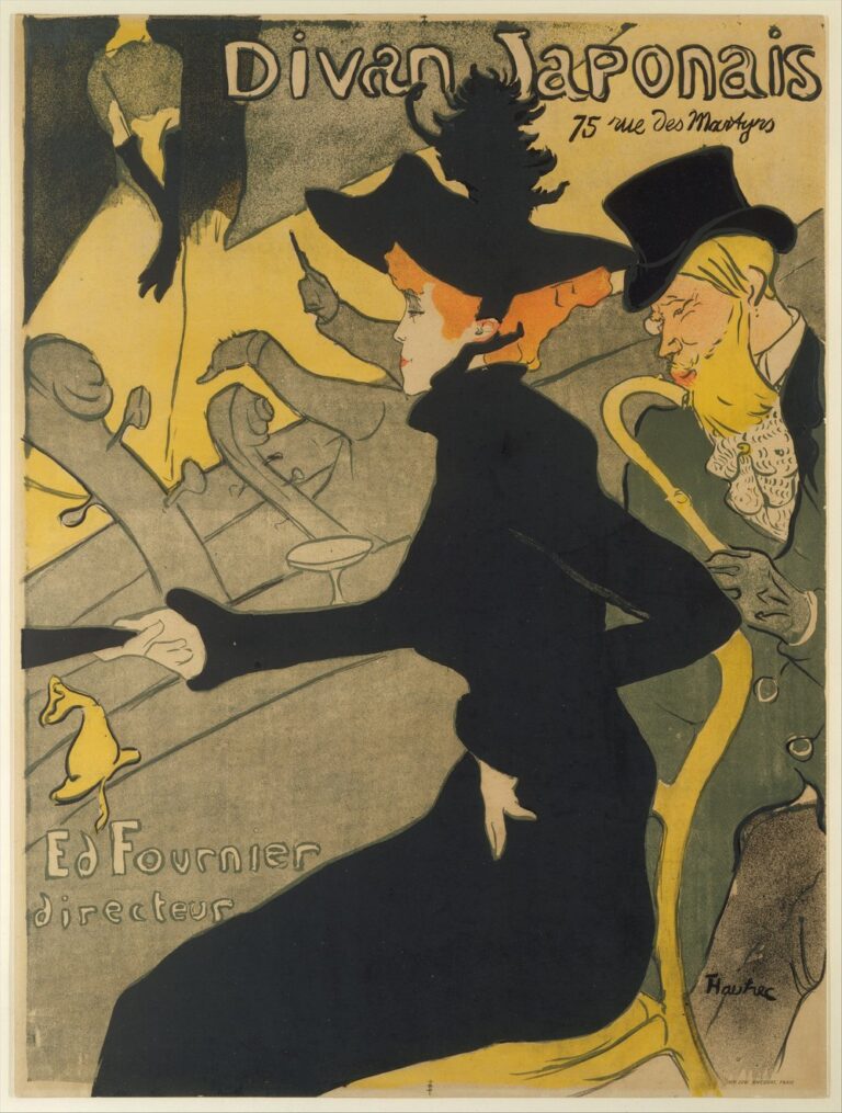 アンリ・ド・トゥールーズ＝ロートレック《ディヴァン・ジャポネ》（1892–93年）、メトロポリタン美術館。黒いドレスと帽子の女性が横向きに座り、隣にシルクハットの男性、左上の黄色い舞台には頭部が画面の外に切れた黒手袋の歌手が描かれた、4色刷りのリトグラフのポスター。