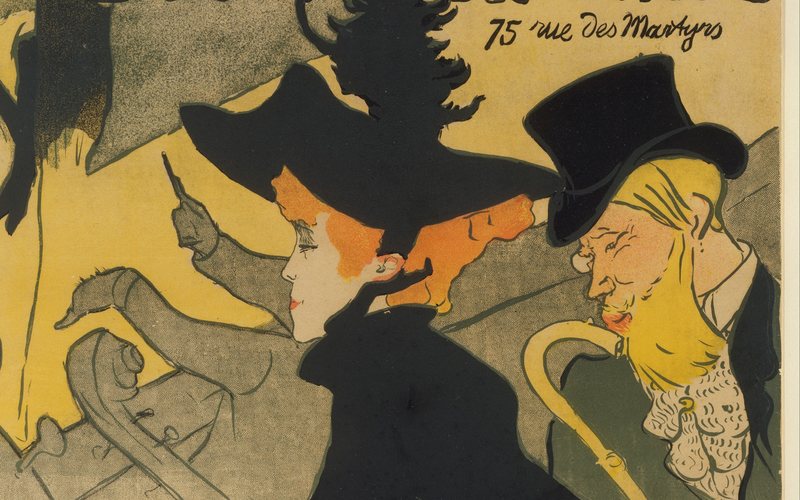 アンリ・ド・トゥールーズ＝ロートレック《ディヴァン・ジャポネ》（1892–93年）、メトロポリタン美術館。黒いドレスと帽子の女性が横向きに座り、隣にシルクハットの男性が描かれた4色刷りのリトグラフのポスター。