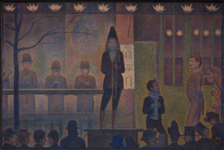 ジョルジュ・スーラ《サーカスの客寄せ（パレード・ド・シルク）》（1887–88年）、メトロポリタン美術館。夜の見世物小屋の前で、台の上のトロンボーン奏者や楽師たちが正面を向いて並び、手前に観客の黒いシルエットが並ぶ、細かな色の点で描かれた油彩画。