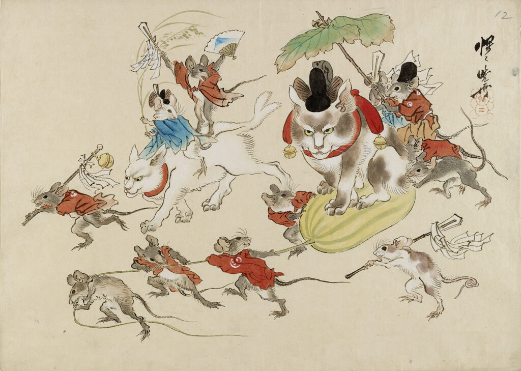 河鍋暁斎《鳥獣戯画　鼠曳く瓜に乗る猫》