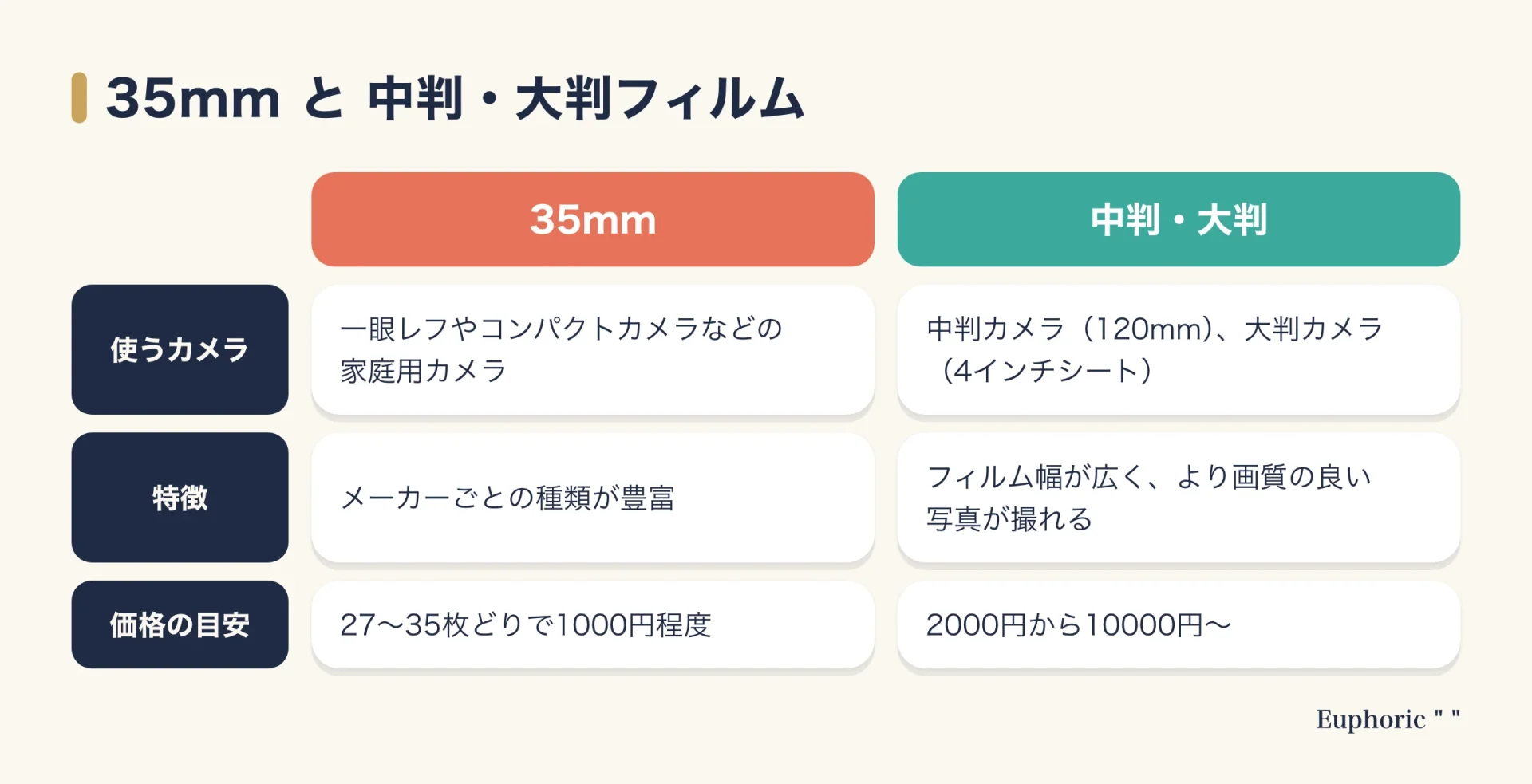35mmフィルムと中判・大判フィルムについて、使うカメラ、特徴、価格の目安を比べた表