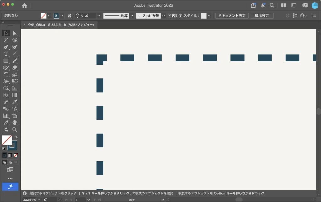 コーナーやパス先端に破線の先端を整列を選んだ破線の枠の角を拡大した Illustrator の画面。角に L 字の破線が入っている