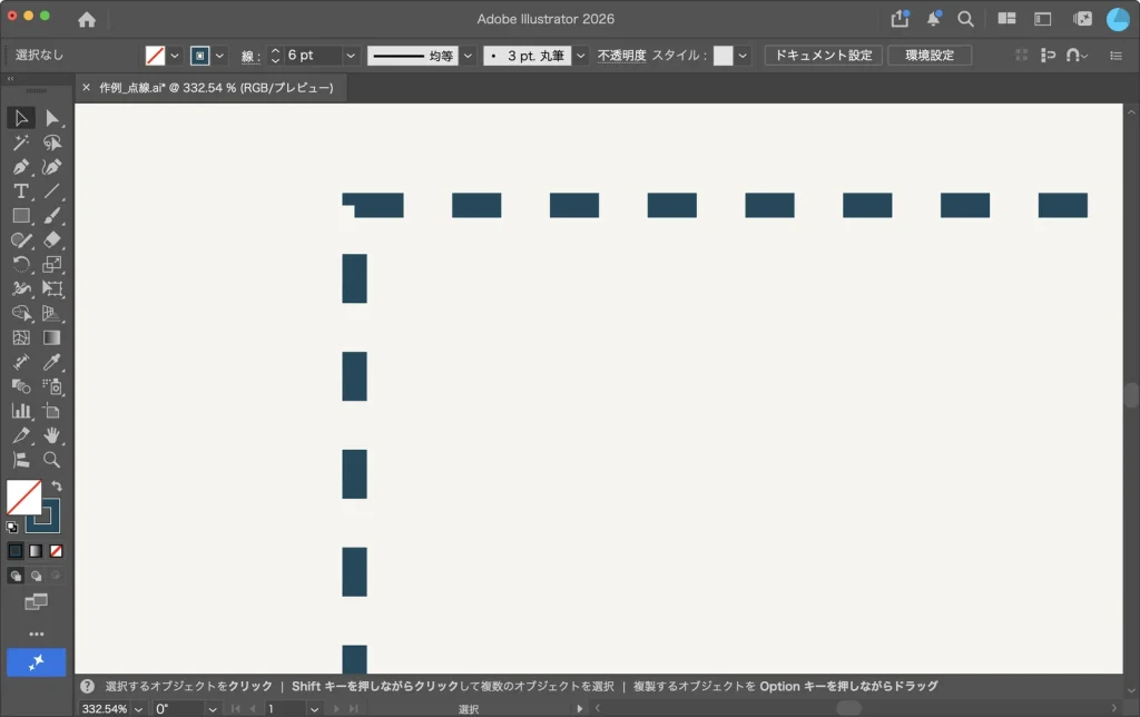 線分と間隔の正確な長さを保持を選んだ破線の枠の角を拡大した Illustrator の画面。角の破線が途切れ、辺ごとに破線の位置がずれている