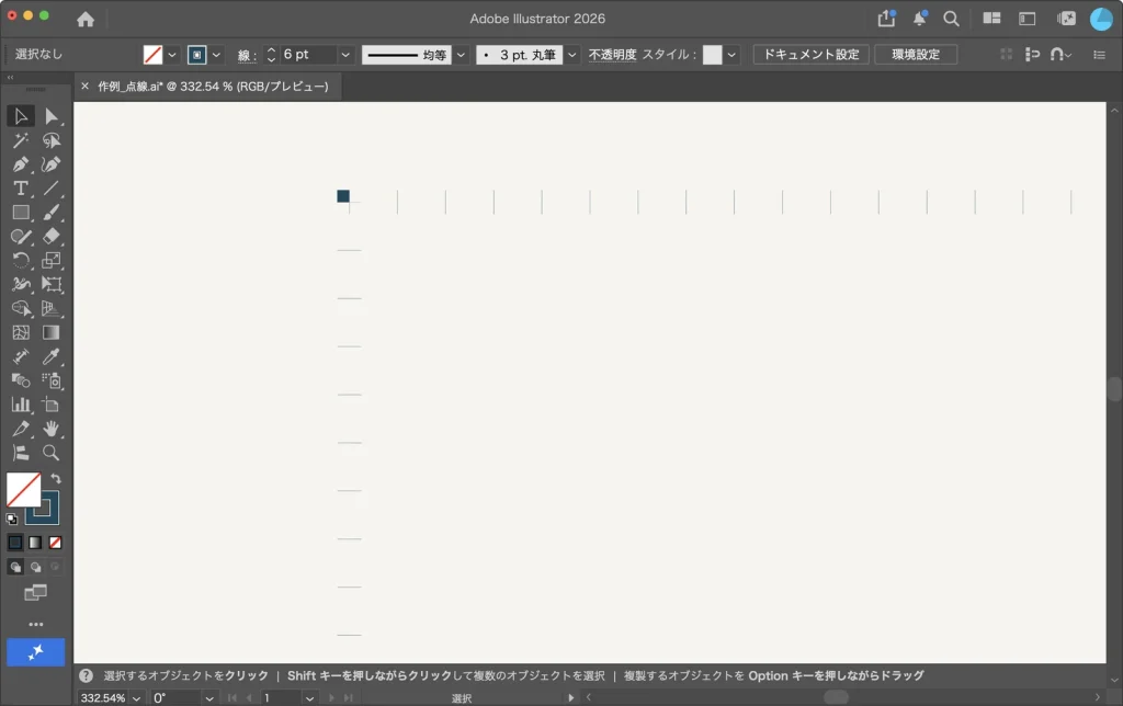 線端なしにした枠の角を拡大した Illustrator の画面。丸い点が消え、細い線だけが並んでいる