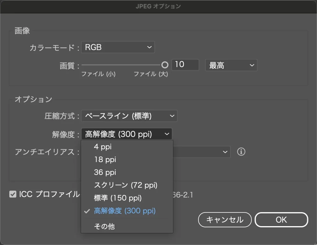 JPEG オプションで解像度の一覧を開いた画面。4 ppi、18 ppi、36 ppi、スクリーン (72 ppi)、標準 (150 ppi)、高解像度 (300 ppi)、その他が並んでいる