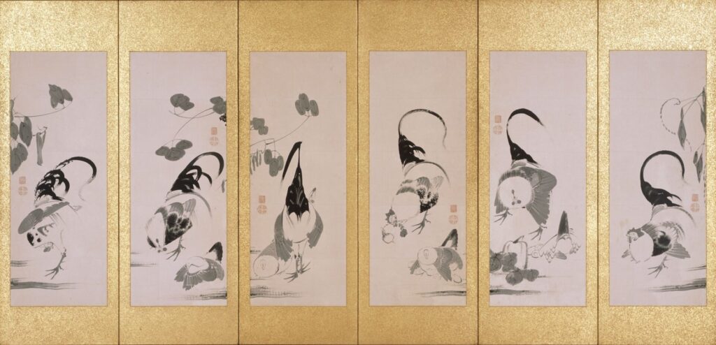 群鶏蔬菜図押絵貼屏風 右隻（伊藤若冲）