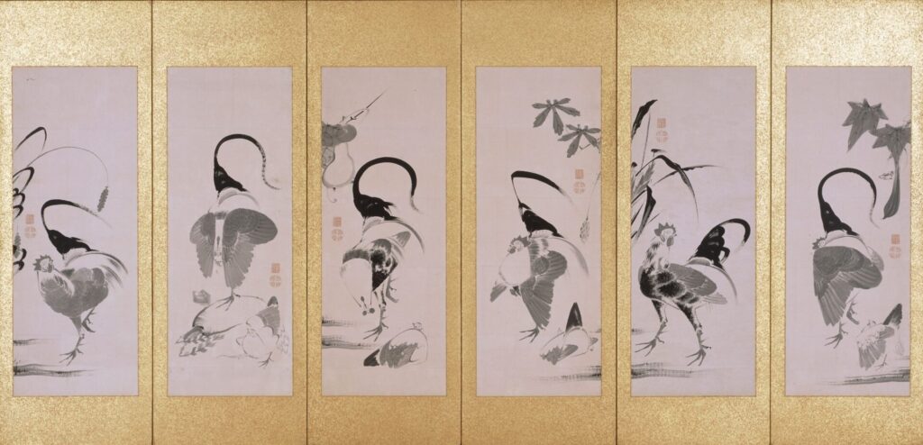群鶏蔬菜図押絵貼屏風 左隻（伊藤若冲）