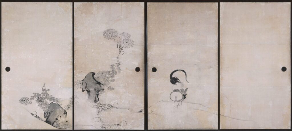 鹿苑寺大書院障壁画五十面のうち菊鶏図襖絵