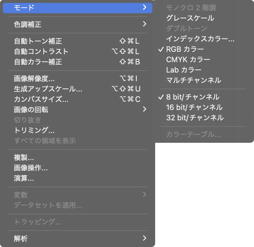 Photoshop のイメージメニューでモードを開いた画面。RGB カラーにチェックが付き、CMYK カラーが選べる
