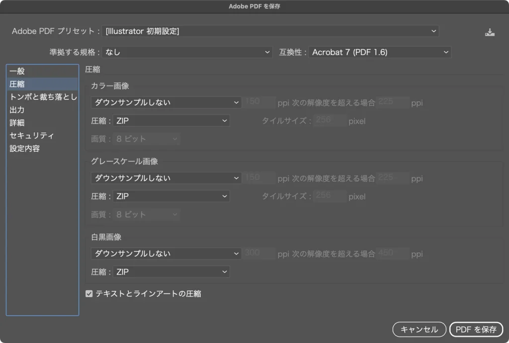 Adobe PDF を保存ダイアログの圧縮。カラー画像、グレースケール画像、白黒画像がいずれもダウンサンプルしない、圧縮は ZIP