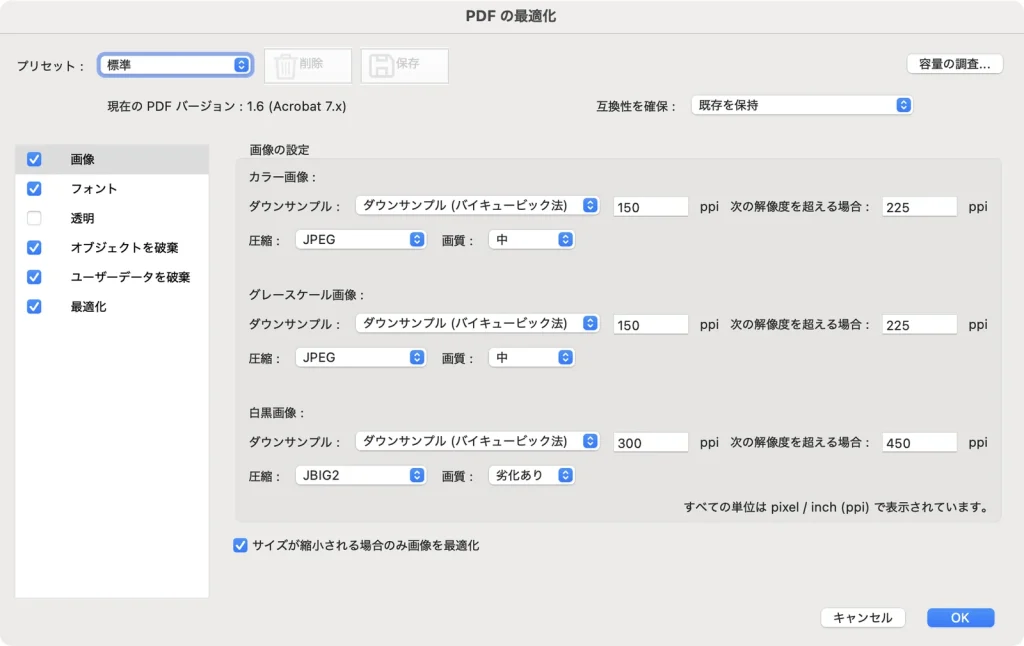 Adobe Acrobat の PDF の最適化ダイアログ。プリセットは標準、画像の設定でカラー画像はダウンサンプル (バイキュービック法) 150 ppi、次の解像度を超える場合 225 ppi、圧縮 JPEG、画質 中