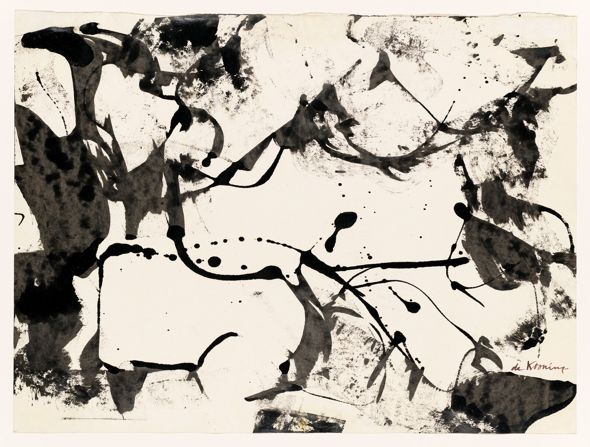 ウィレム・デ・クーニング『Landscape, Abstract』。白い紙の上に黒いエナメル塗料が太い帯や細く飛び散る線になって画面いっぱいに広がる、白と黒だけの抽象画