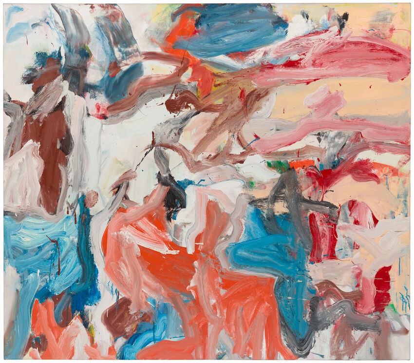 ウィレム・デ・クーニング『Untitled XIV』。ピンク、朱色、青、白、茶色の絵の具が厚くうねるように塗り重ねられ、画面全体が波立って見える横長の油彩画