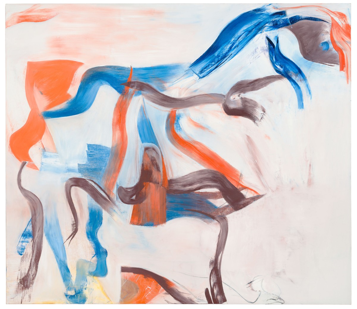 ウィレム・デ・クーニング『Untitled XXII』。白やごく淡いピンクの地の上を、青、オレンジ、赤茶色の帯がゆるやかに曲がりながら横切る油彩画