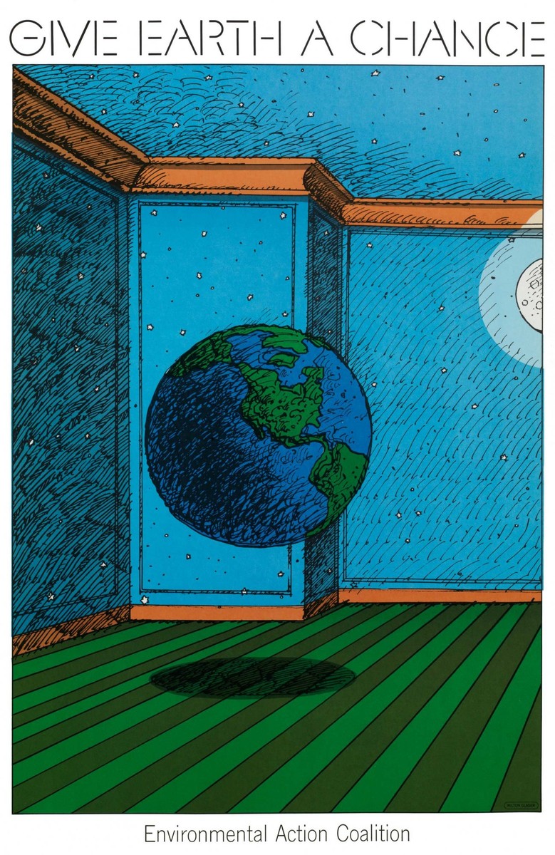 青い壁と緑の床の部屋に地球が浮かび、右端に月が見えるポスター。上部にGIVE EARTH A CHANCE、下部にEnvironmental Action Coalitionの文字がある。
