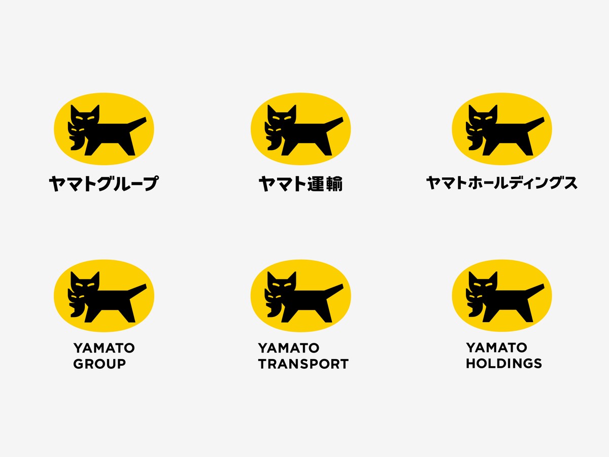 黄色い楕円の中で子猫をくわえて運ぶ黒い親猫のクロネコマークが、ヤマトグループ、ヤマト運輸、ヤマトホールディングスの文字と共に六つ並ぶ