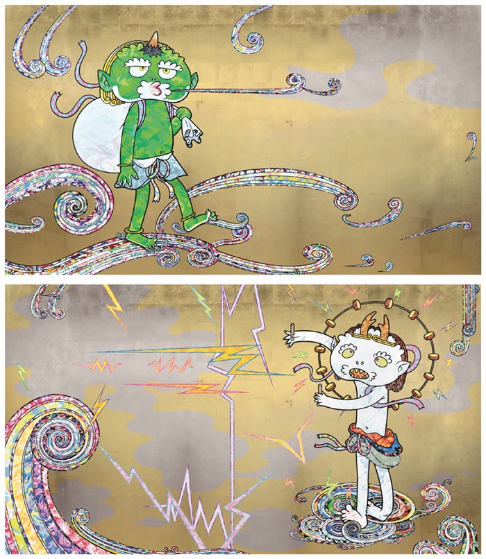 金色と銀色の背景に、緑色の風神と白い雷神がマンガ風のキャラクターとして描かれた上下2枚の絵画。渦巻く雲や稲妻が極彩色で描かれる