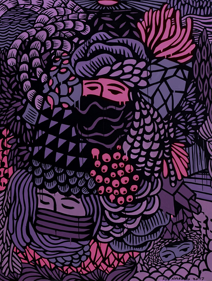 エコ・ヌグロホ『Garden Full of Blooming Democracy』の1点。紫とピンクの模様が画面を埋め、中央に顔を布で覆った人物の目元が浮かぶ絵