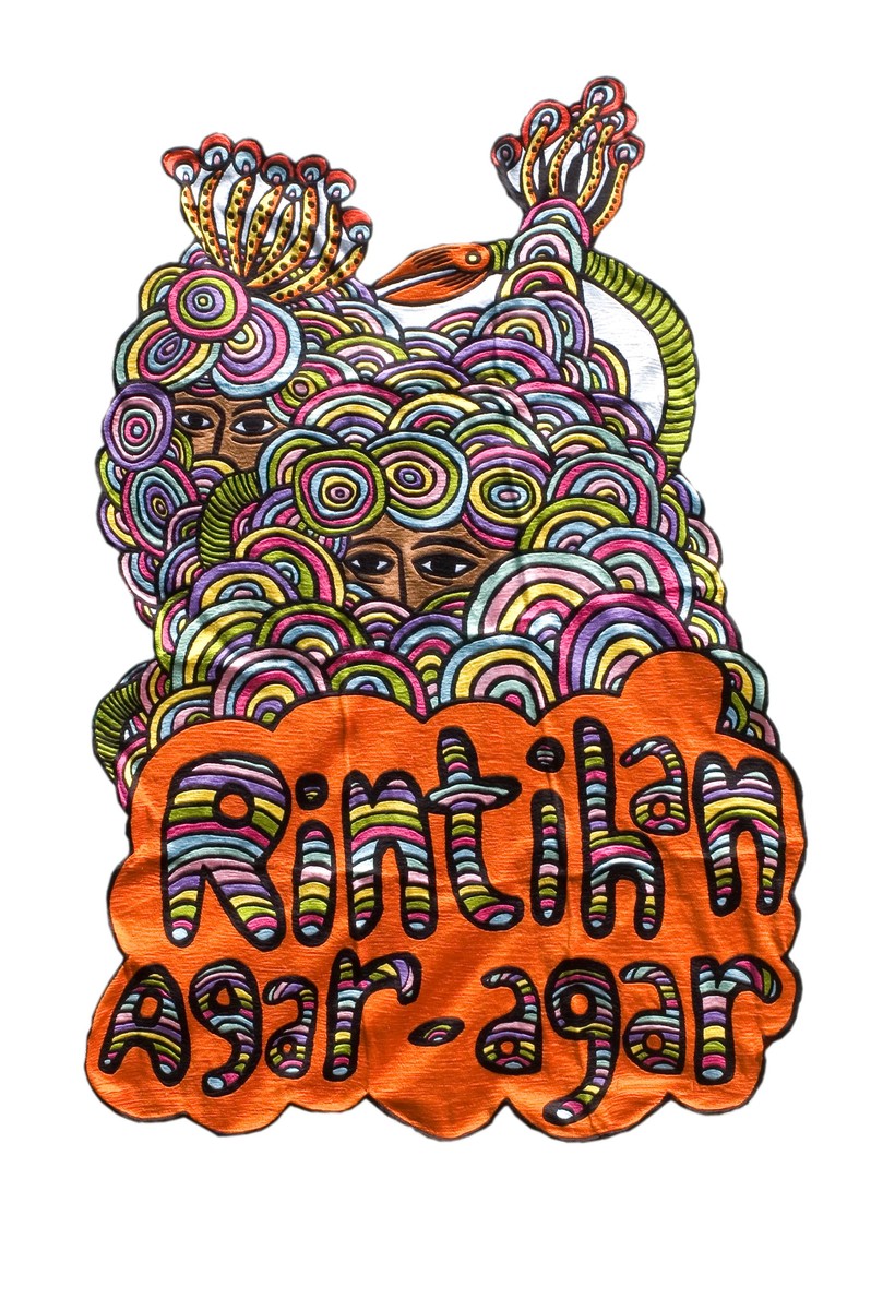 エコ・ヌグロホ『The whimpering of agar-agar』。虹色の渦巻き模様の間から顔を布で覆った人物の目がのぞき、下に題名を刺繍した作品