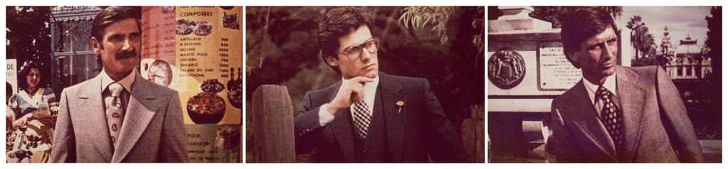 リチャード・プリンス『Untitled (Three Men Looking in the Same Direction)』。スーツにネクタイ姿の男性3人が、それぞれ別の背景の前で右の方へ顔を向ける写真を横に3枚並べた作品