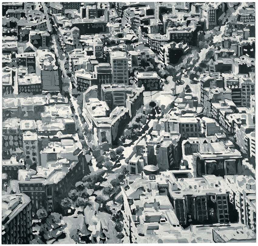 ゲルハルト・リヒター『Stadtbild Madrid』。高い場所から見下ろしたマドリードの建物の屋根や窓、斜めの大通り、街路樹を、白と黒と灰色の太い筆跡で描いた正方形に近い絵