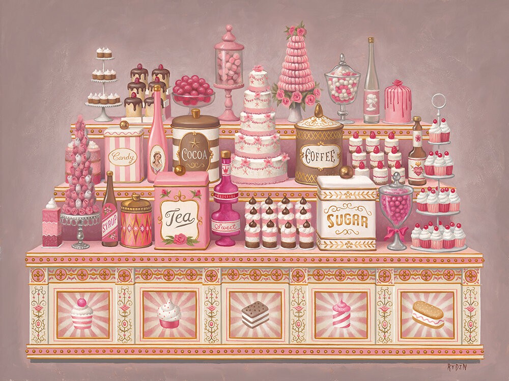 マーク・ライデン『Dessert Counter』。ピンクの地の前に、ケーキやカップケーキ、マカロン、紅茶やコーヒー、砂糖の缶がぎっしり積まれた菓子店のショーケースを描いた横長の作品
