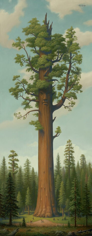 マーク・ライデン『General Sherman』。赤茶色の太い幹をもつ巨大なセコイアが画面の中央に一本そびえ、周りに小さなモミの木々が並ぶ縦長の風景画