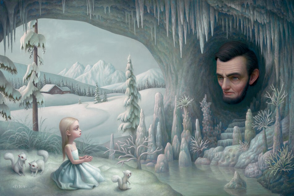 マーク・ライデン『Grotto of the Old Mass』。氷柱の垂れる雪の洞窟で、水色の服の金髪の少女がひざまずき、暗がりに浮かぶリンカーンの大きな顔を見上げている横長の絵