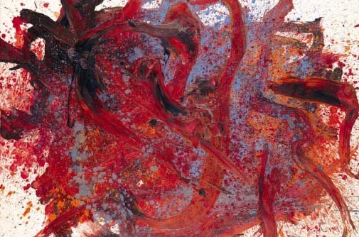 白髪一雄《天暗星青面獣》。白に近い地に、赤や橙、黒の絵具が太く走り、青みを帯びた灰色や赤の細かな飛沫が画面全体に散っている。