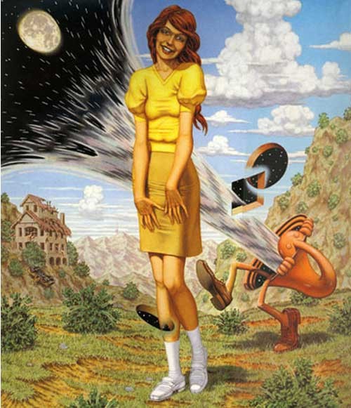 ロバート・ウィリアムス『Irene Interfacing…』。黄色い服の女性が昼の丘に立ち、月の浮かぶ夜空の帯が渦を巻いて横切り、オレンジ色の生き物が飛び出す絵