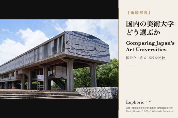 美大 比較の徹底解説（アイキャッチ使用画像｜国内美大比較（作成 2026-10-02 ／ Saki） Commonsファイル : Aichi_Prefectural_University_of_Fine_Arts_and_Music_150713.JPG Commonsページ : https://commons.wikimedia.org/wiki/File:Aichi_Prefectural_University_of_Fine_Arts_and_Music_150713.JPG 画像URL : https://upload.wikimedia.org/wikipedia/commons/thumb/5/50/Aichi_Prefectural_University_of_Fine_Arts_and_Music_150713.JPG/1280px-Aichi_Prefectural_University_of_Fine_Arts_and_Music_150713.JPG ライセンス : CC0（パブリックドメイン相当） 撮影者 : Umako 撮影日 : 2015-07-13 被写体 : 愛知県立芸術大学 講義棟（愛知県長久手市） 画像内の表記 : 愛知県立芸術大学 講義棟（愛知県長久手市） ／ Photo: Umako ／ CC0 ／ Wikimedia Commons 処理: 切り取り・色調整なし。object-fit:contain で全体を収め、余白は黒帯。 文字は写真の上に重ねず、右のクリーム地パネル（別領域）に配置。 大学のロゴは使用していません（仕様書15-2）。 被写体の確認（仕様書・取り違え防止） Commons API でカテゴリ「Aichi Prefectural University of Fine Arts and Music」を確認。 ja.wikipedia「愛知県立芸術大学」、en.wikipedia「Aichi Prefectural University of the Arts」ほかで使用中であることを実測。 画像を開いて目視し、ピロティに載る長大な講義棟とタイル壁画、柱の「直指天」の銘を確認した。 採用理由と見送った候補 パブリックドメインの東京美術学校本館（黒田鵬心・1915年）も候補だったが、 これは東京藝術大学の前身校舎であり、15校を比較する記事の顔としては東京・藝大に寄りすぎる。 そのため、非東京の国公立かつ CC0（表示義務なし）の本画像を採用した。 CC0 のため帰属表示の義務はないが、他3本と体裁を揃えて画像内に撮影者名とライセンス名を明記している。 パネルの文字 本記事は学校紹介ではないため、欧文は正式名称ではなく記事内容に合わせた英文 「Comparing Japan’s Art Universities」とした。 一行「国公立・私立15校を比較」は メタ情報.md 3章のメタディスクリプション（国公立・私立15校）に基づく。 ）